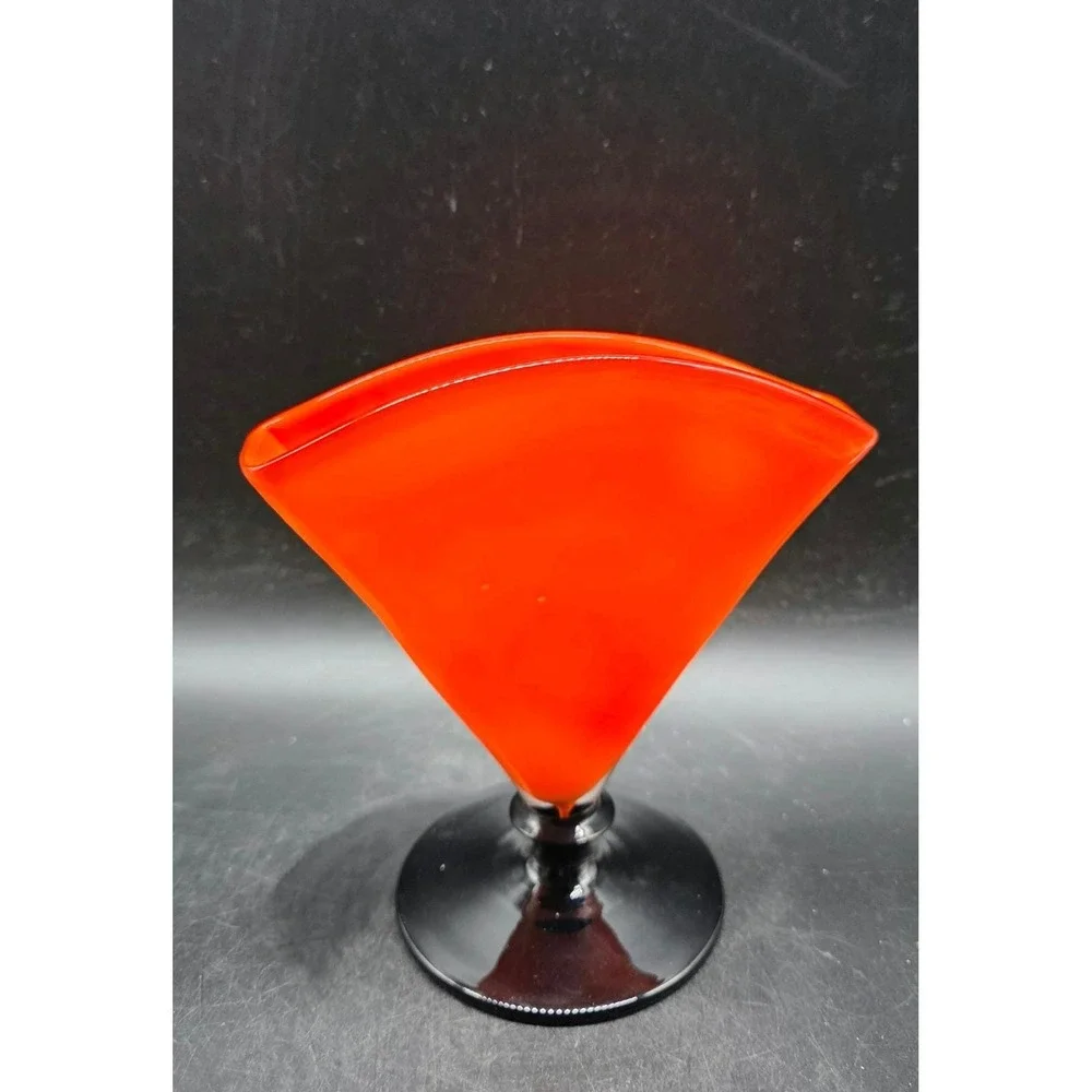 Orange Art Glass Fan Vase Black Pedestal Base Mid Century Modern Style‎ Decor 5